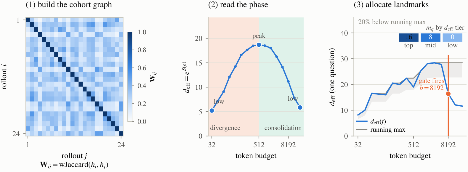 Three panels. (1) Build the cohort graph: a rollout-by-rollout heatmap of weighted-Jaccard similarity between expert-routing histograms. (2) Read the phase: the effective rank plotted against token budget rises from a low value through a labelled peak and falls again, with the rising side marked divergence and the falling side consolidation. (3) Allocate landmarks: a single question's effective-rank curve with a running maximum and a gate that fires when the curve drops twenty percent below it.